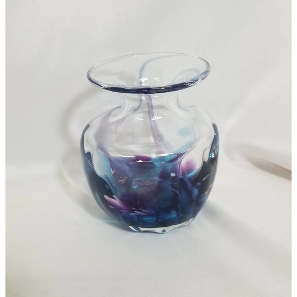 Jerpoint Glass Studio Ireland Hand Blown Purple Blue Swirl 4" Glass Vase - Picture 4 of 9